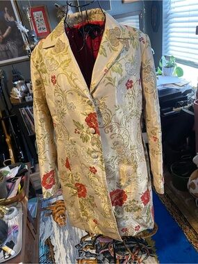 Gold Floral Brocade Coat with Red Accents - Women's Jacket